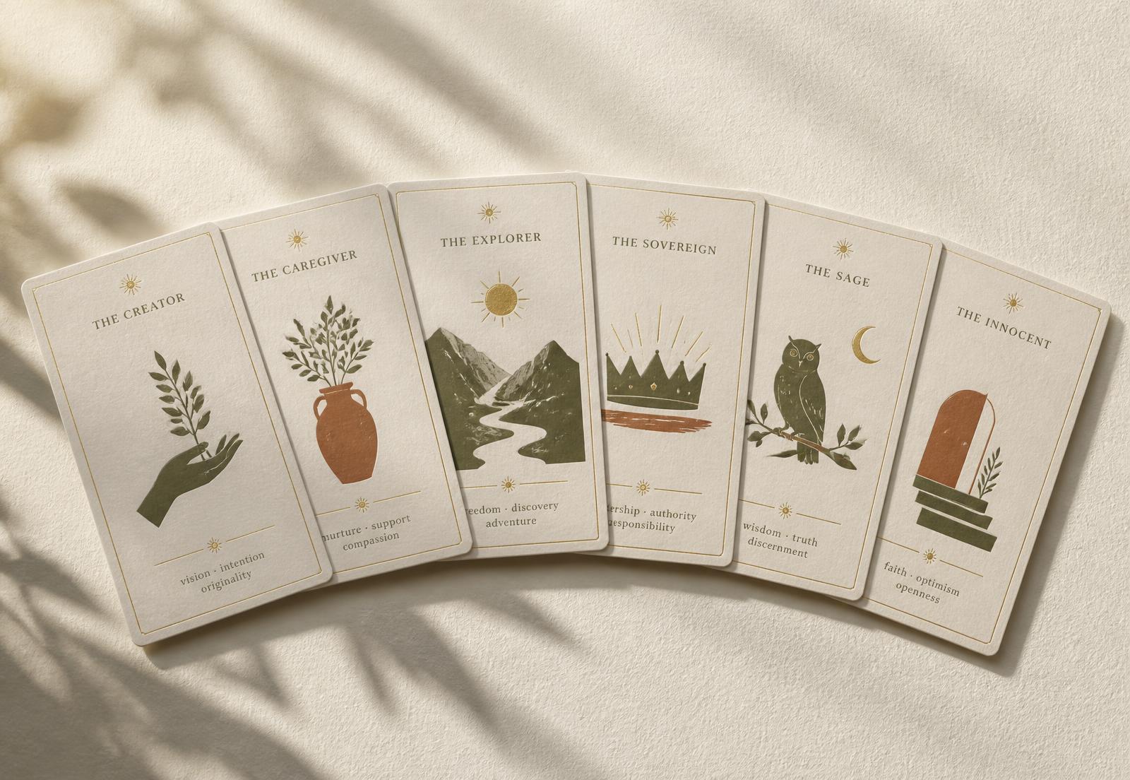 Six Biblical Archetype cards fanned across warm ivory paper